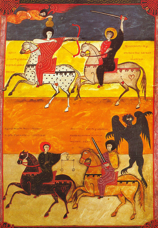 Un manuscrito en pergamino de cuatro paneles, cada uno con un jinete y un caballo de diferente color.