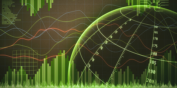 An abstract green and black illustration of global commerce data shown in bar and line charts