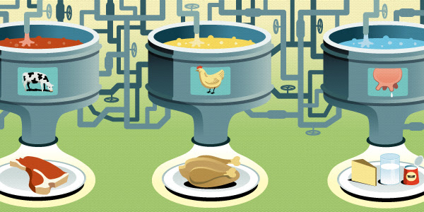 Illustration shows three large vats of cells and industrial tubing that output beef, chicken and dairy products.