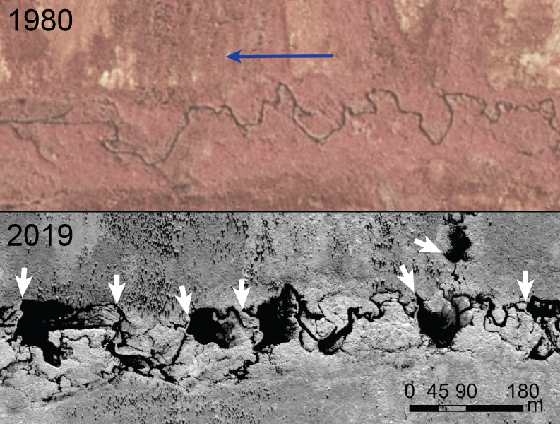 Dos imágenes de un arroyo de tundra. La de arriba es una imagen aérea de 1980; la de abajo es una imagen por satélite de 2019. En la de abajo hay muchos estanques.