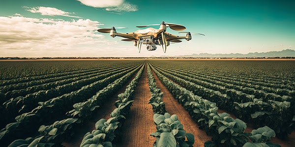 Lifelike illustration shows a drone flowing over a field filled with long rows of tobacco plants.