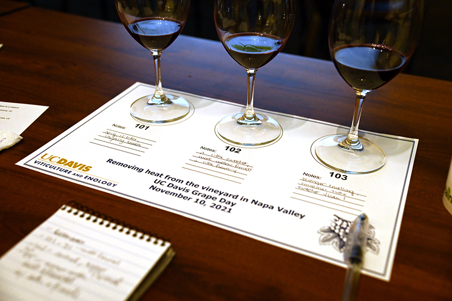 Foto de tres clases de vino tinto numeradas 101, 102 y 103. Están sobre una hoja de papel que dice “Eliminando el calor del viñedo en el Valle de Napa, Día de la Uva en UC Davis, 10 de noviembre de 2021”.