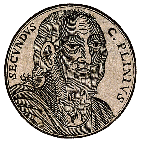 Una xilografía redonda muestra el retrato de un Plinio el Viejo barbudo y de pelo largo, con su nombre escrito alrededor de la cara.