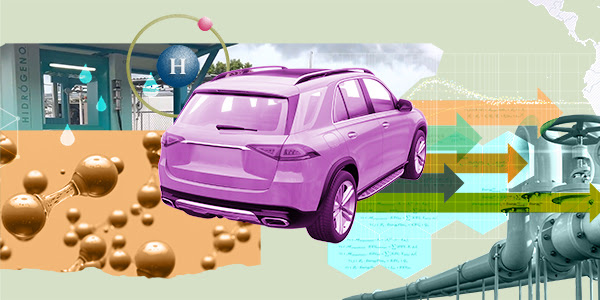 A collage shows hydrogen molecules, a purple vehicle, the map of South America and hydrogen pipelines.