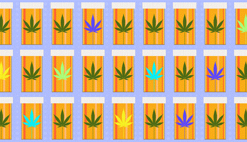 Una imagen animada muestra una variedad de hojas de cannabis de diferentes colores en frascos de medicamentos.
