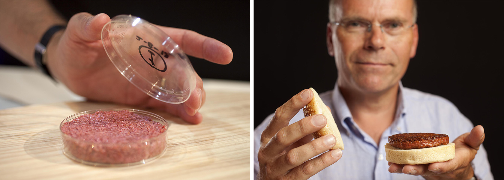 La foto de la izquierda muestra una hamburguesa de carne molida cruda en una placa de Petri; la foto de la derecha muestra una hamburguesa cocida en un pan, con la cara sonriente de un hombre en el fondo.