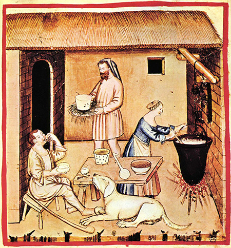 Una familia medieval fabricando y comiendo queso