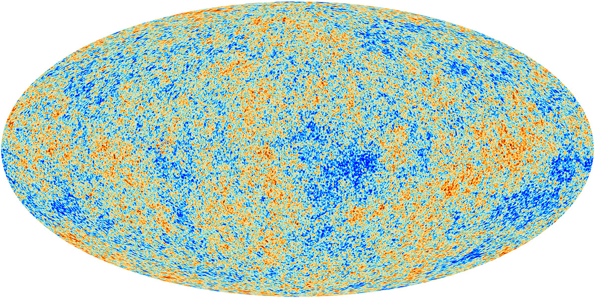 El mapa del fondo cósmico de microondas muestra una mezcla de amarillos, azules más oscuros y rojos más oscuros en una proyección oval. 