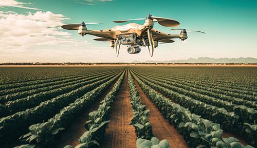 Una ilustración realista muestra un dron que fluye sobre un campo lleno de largas hileras de plantas de tabaco.