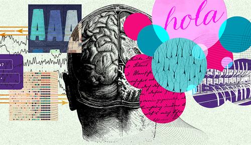 Ilustración conceptual que muestra la cabeza de una persona con el cerebro visible, y una mezcla de imágenes de computadora e imágenes de palabras.