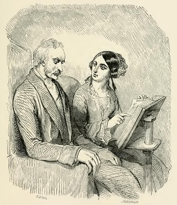 Ilustración antigua de un anciano sentado en una silla. Una mujer joven se sienta a su lado, sostiene un gran libro y gesticula en una de sus páginas mientras observa el rostro del anciano.