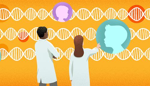 Una ilustración muestra a un científico y una científica usando batas de laboratorio que observan hebras de ADN; en algunos puntos a lo largo de esas hebras se superponen siluetas de caras de niños.