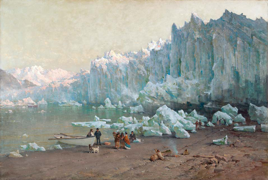 La pintura muestra un glaciar con trozos de hielo cayendo al agua. Cerca, varias personas y algunos perros están parados en una playa junto a un bote.