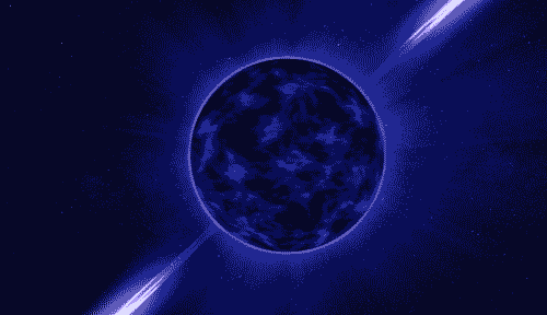 La animación muestra un orbe azul y negro girando sobre un cielo oscuro. Rayos de luz salen de sus polos.