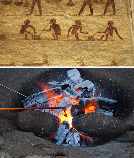 Dos fotos. La de arriba muestra a cuatro personas en grupos de dos sentadas alrededor de dos fuegos soplando en las hogueras. La de abajo es una foto de una pequeña hoguera caliente en la que se ven tubos entrando en ella. 