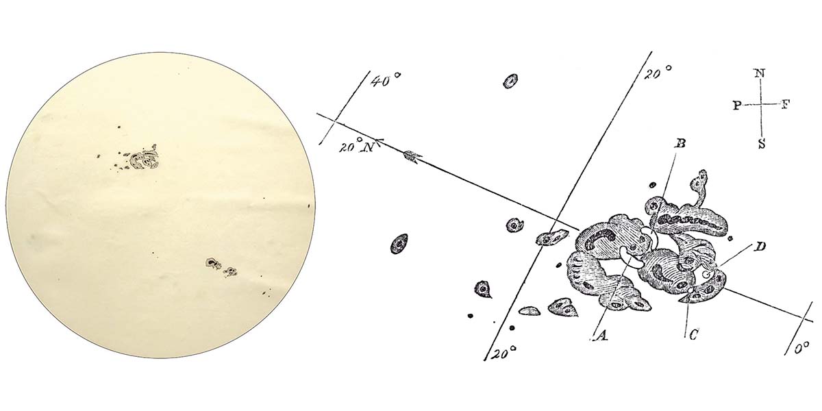 Imágenes en las que se muestran los bocetos originales de Richard Carrington de las manchas solares y la potente erupción solar que emergió.