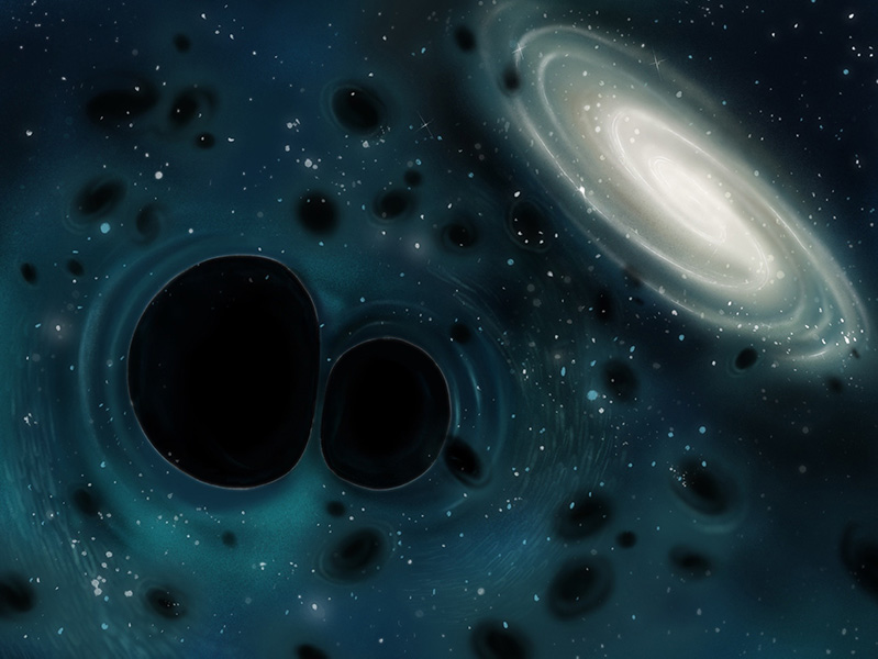 Ilustración artística de dos agujeros negros masivos en pleno proceso de unión, rodeados de muchos agujeros negros más pequeños, con una galaxia brillante a un lado.