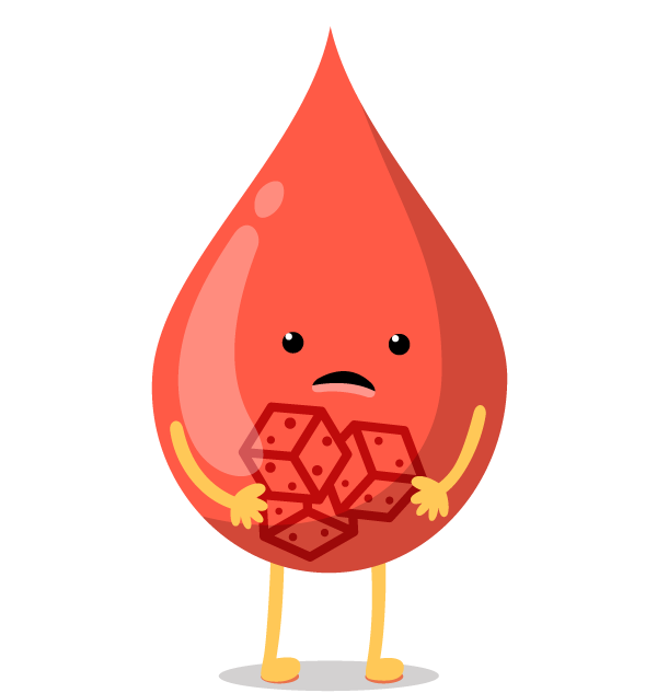 Ilustración de una gota de sangre personificada, con dados en su interior, parada sobre una lista de factores de riesgo de prediabetes.