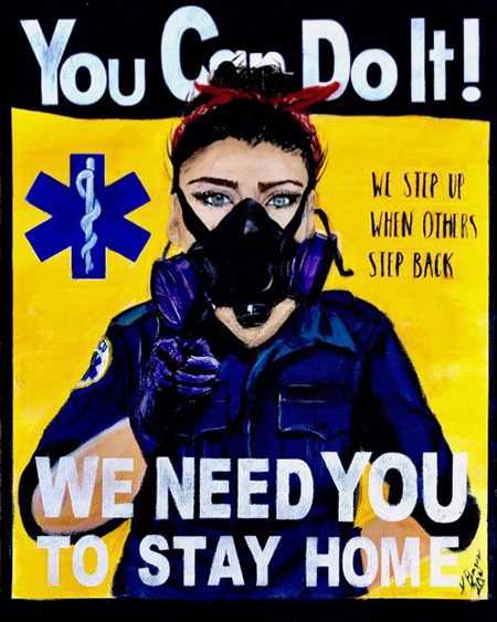  Ilustración al estilo del icónico póster de Rosie the Riveter, de una paramédica con una máscara, su dedo índice derecho apuntando al espectador. El texto en inglés dice: “¡Puedes hacerlo!”, “Te necesitamos” y “Damos un paso adelante cuando otros retroceden”. El caduceo médico también aparece en el cartel.