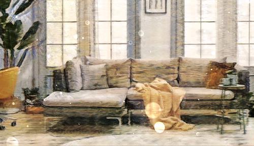 Ilustraciones fotográficas muestran una sala de estar con sofá, escritorio y ventanas superpuestas.