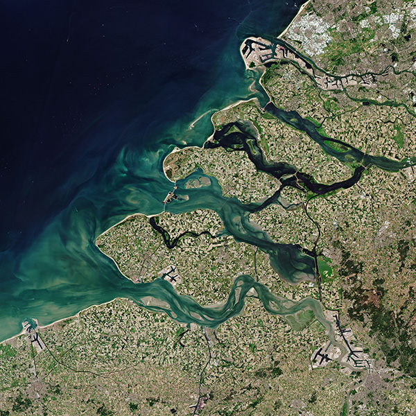 Imagen de satélite de aguas de un color azúl tinta y el complicado delta de Zelanda, con numerosos canales e islas.