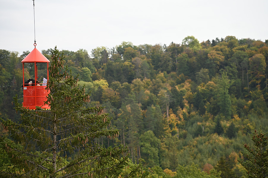 Foto de una góndola de metal roja con personas en su interior, suspendida en el brazo de una grúa. Debajo hay un bosque.