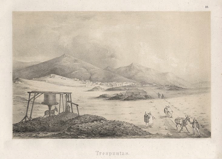 Un boceto que muestra algunos edificios pequeños en el fondo, algunos burros y personas, y las montañas que se ciernen.