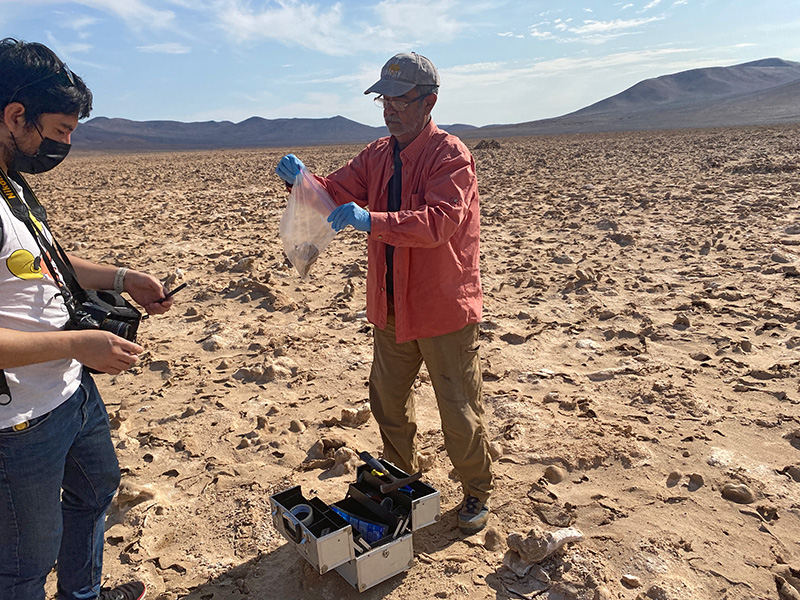 Los científicos de la Universidad de Antofagasta Benito Gómez-Silva y Nicomedes Valenzuela recogen rocas salinas del núcleo hiperárido del desierto de Atacama. Los científicos esperan aislar microbios de estas rocas como parte de su búsqueda para entender los límites de la vida.