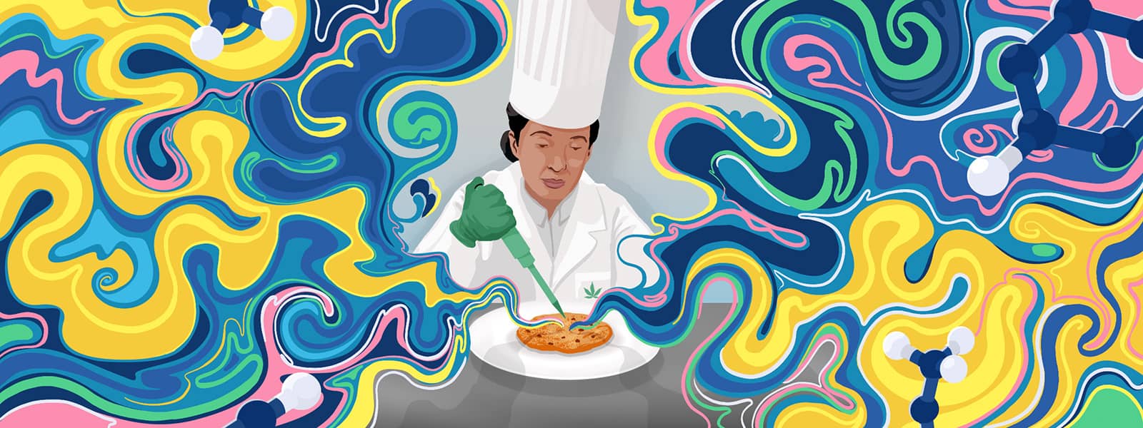 Conceptual illustration shows a woman in a chef’s hat and white coat that has a marijuana leaf on the pocket. She’s wearing gloves and pipetting something onto a chocolate chip cookie on a plate. Swir