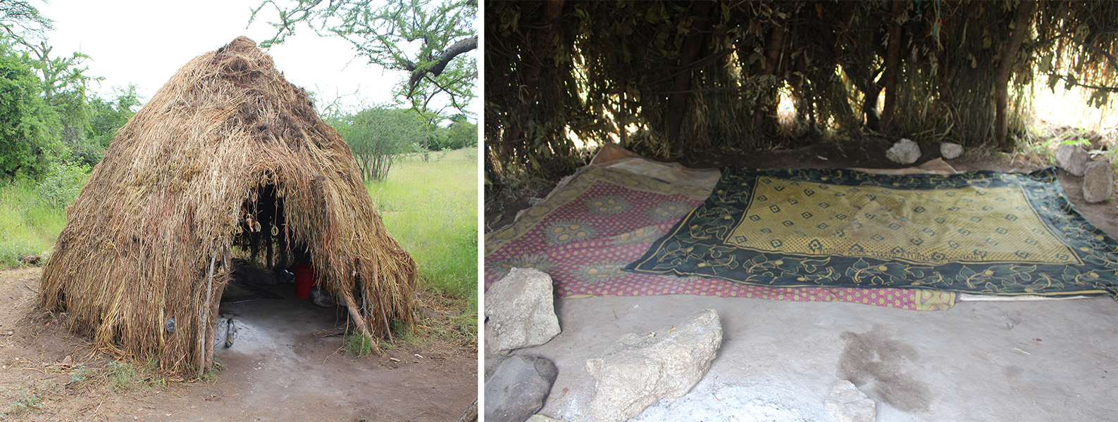 Una foto muestra una cabaña de paja con una puerta abierta; la otra muestra unas alfombras en el suelo bajo la sombra de un gran árbol.