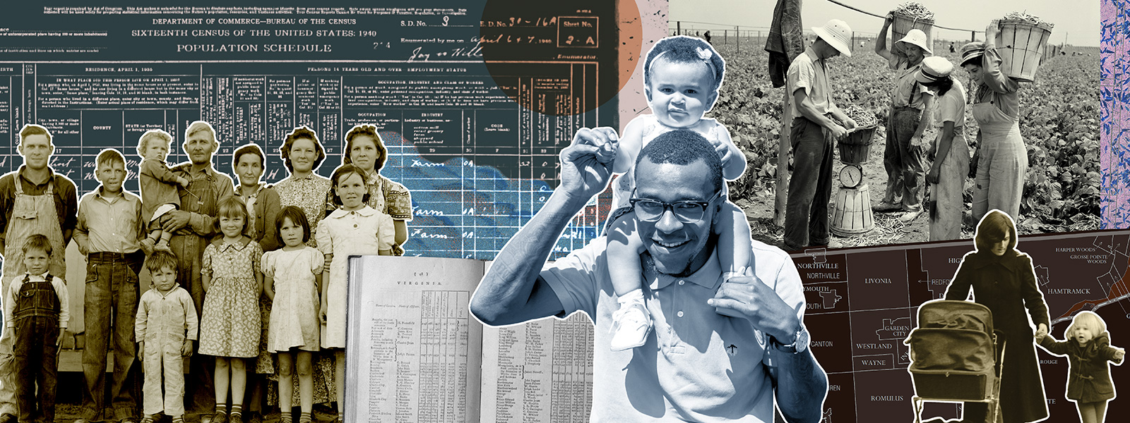 A photo collage of black-and-white pictures of different families interspersed with population charts, census data books and maps.