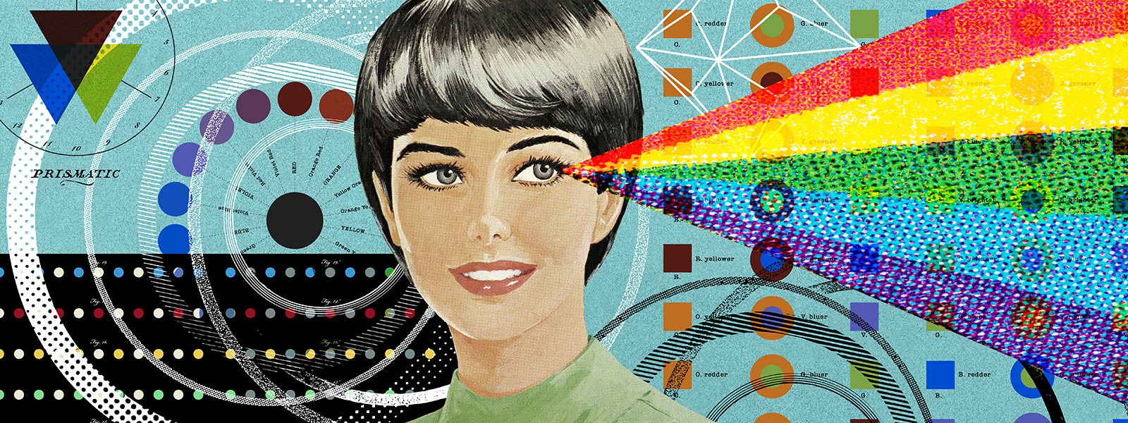 A conceptual illustration shows head and shoulders of a woman against a background of color charts. The woman has a rainbow of light emanating from one eye.