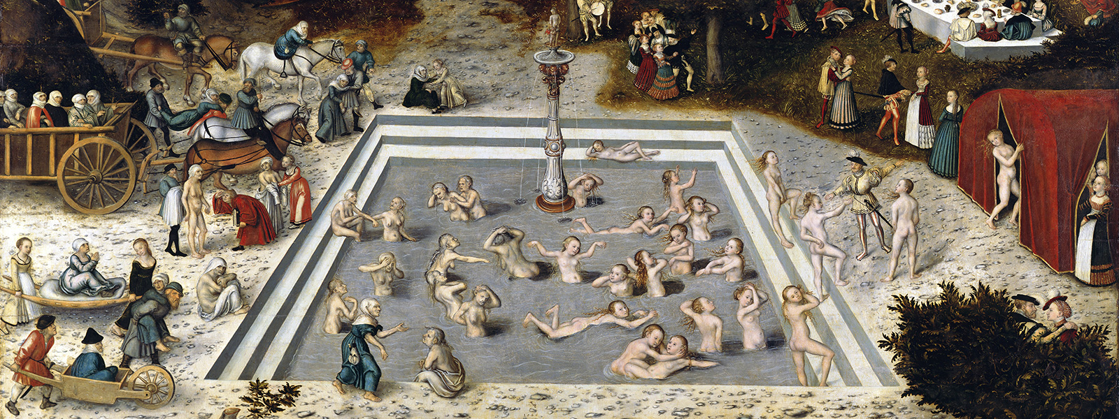 A painting shows youthful figures wading in large fountain. Elderly and infirm people are brought in carts to the edge of the pool. Those emerging from the waters enjoy dancing and feasting.