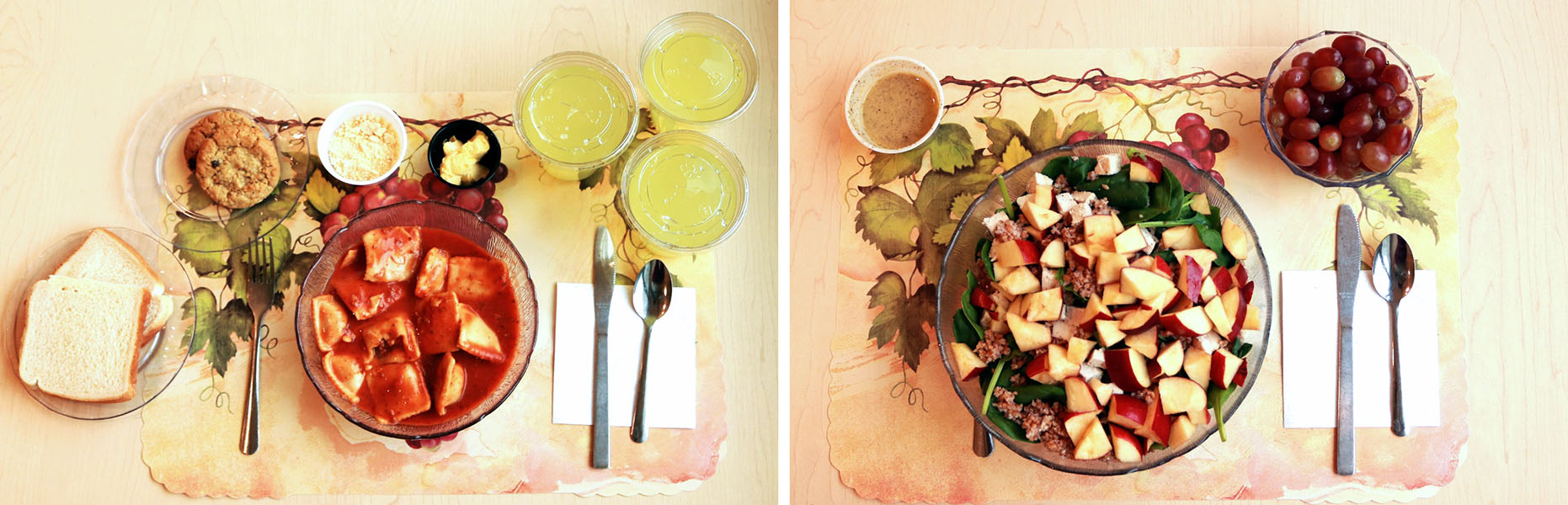 Foto de dos comidas, una es un almuerzo ultraprocesado y la otra es uno mínimamente procesado.