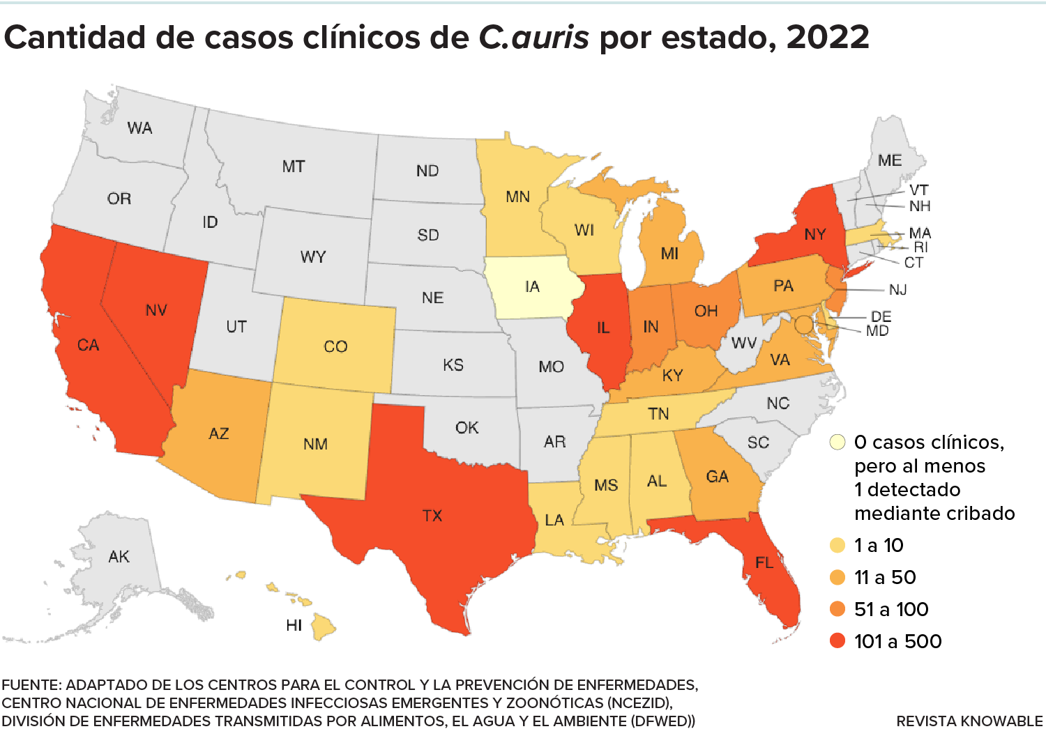 Mapa de EE.UU. que muestra los casos de Candida auris en cada estado.
