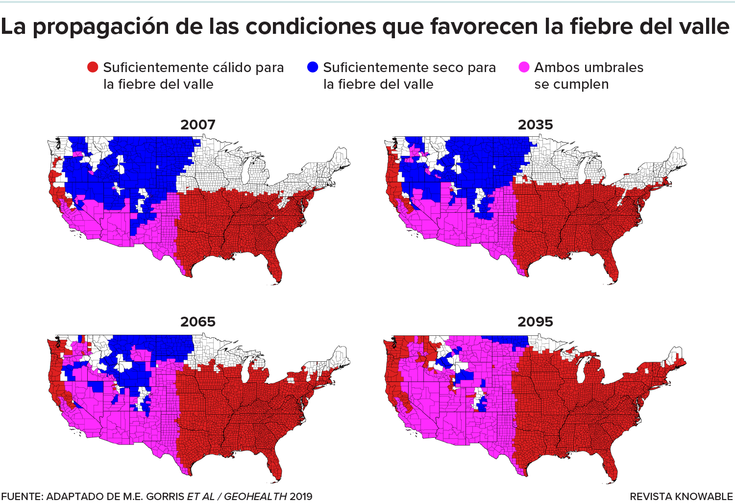 Mapas de EE.UU. que muestran condiciones favorables para el hongo de la fiebre del valle.