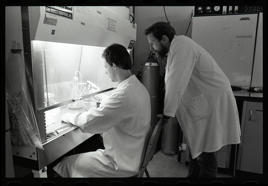 Foto en blanco y negro de dos hombres frente a una campana de laboratorio. Uno está sentado, trabajando en la campana. A su derecha está Charles M. Rice de pie, mirando lo que hace.