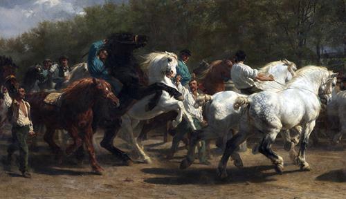 Una pintura de varios caballos siendo arreados por hombres a lo largo de un camino entre unos árboles.