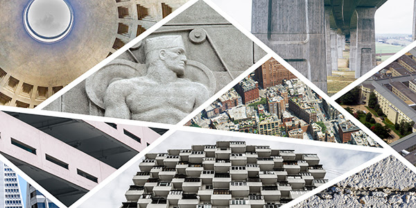 A collage of concrete buildings and other structures