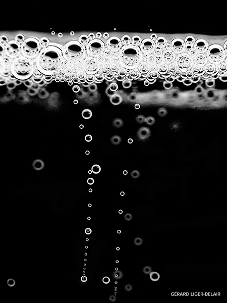 Fotografía en blanco y negro de burbujas de champán.