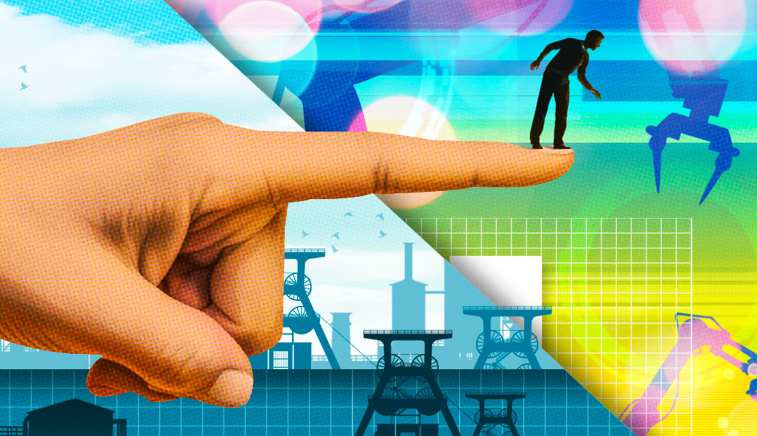 Ilustración conceptual que representa la revolución industrial y un futuro robotizado y computarizado. Vemos un dedo gigante que señala desde el pasado hacia el futuro y la silueta de un ser humano que parece estar tratando de encontrar su lugar en el futuro.