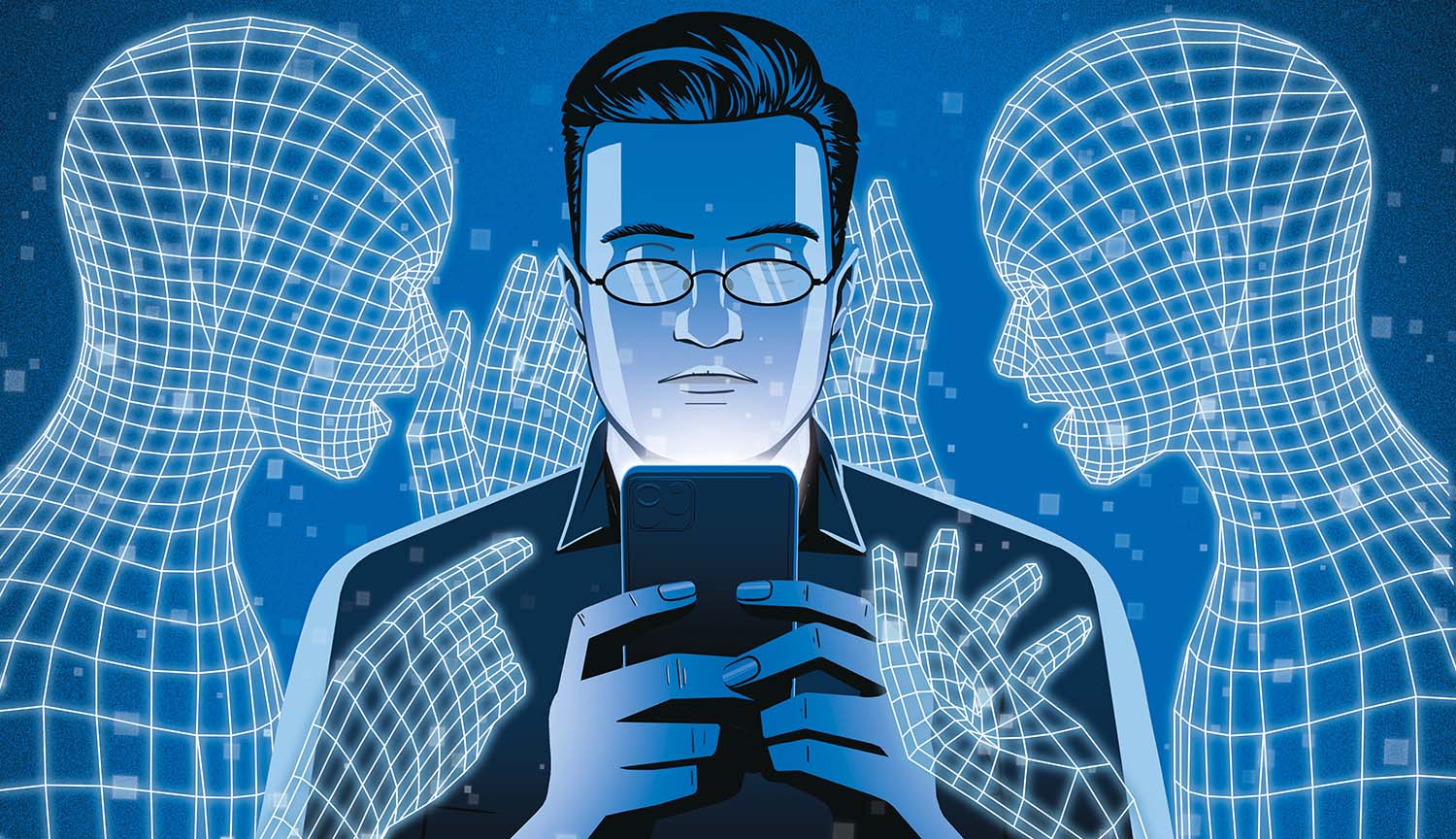Un hombre lee su teléfono bajo la atenta mirada de dos seres virtuales.