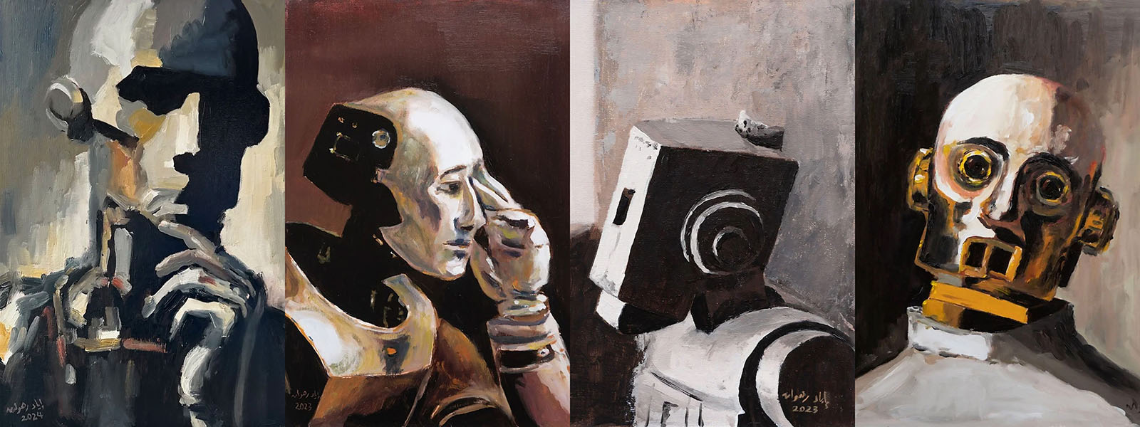 Cuatro robots que parecen estar reflexionando sobre cuestiones profundas.