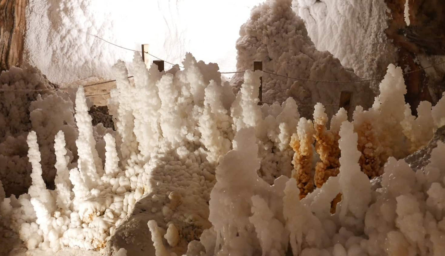 Pilares nudosos de sal en una caverna de montaña.