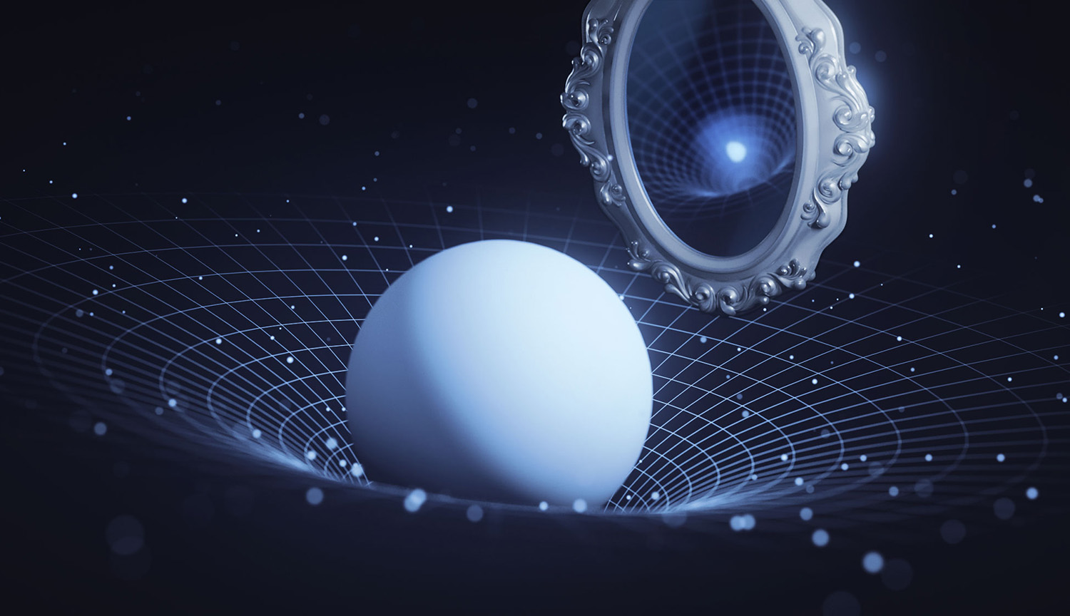 Una esfera distorsiona el espacio-tiempo y es reflejada en un espejo.