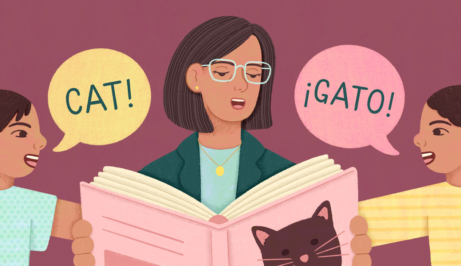 Illustration of a woman reading to two children. There is an image of a cat in the book she is reading, and the girl says “Cat!”, while the boy says “¡Gato!