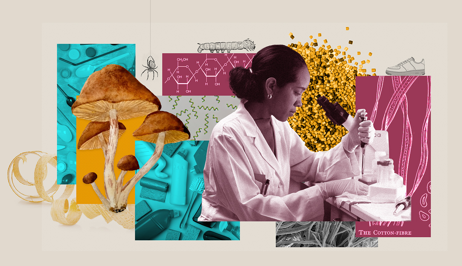 Un collage muestra a un científico utilizando una pipeta, así como diversos polímeros y materiales naturales.