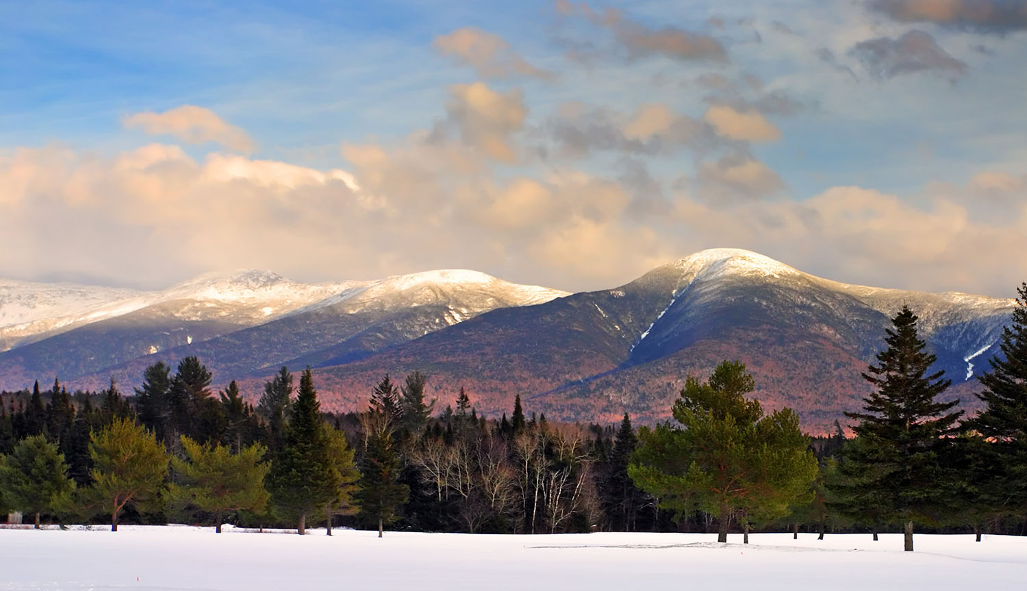 Montañas nevadas con bosques y paisaje nevado en primer plano.