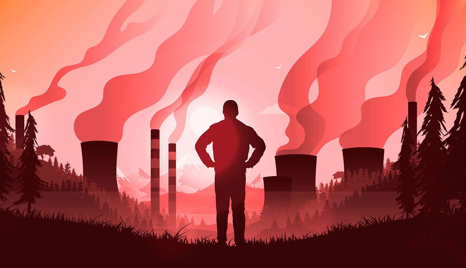 Un hombre en un bosque observa las chimeneas de una central eléctrica.