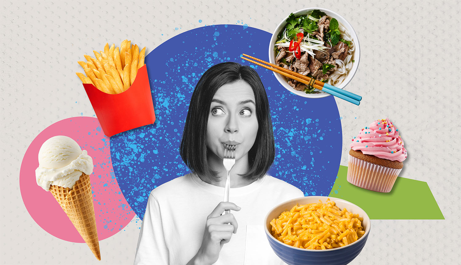 Una mujer come, rodeada de imágenes de comida reconfortante.